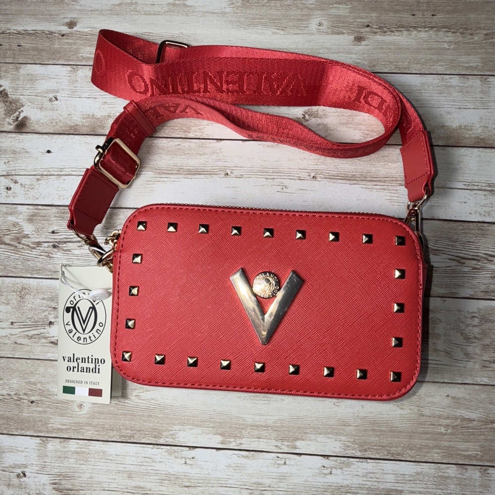 Valentino Orlandi Women's Red Crossbody Bag Gold Studded Embellishments
